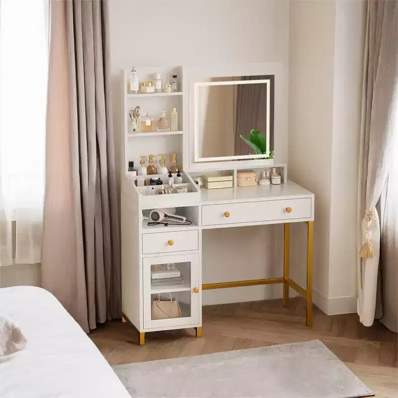 COZONY White Vanity Desk with Lighted Mirror & Power Outlet  Large Makeup Vanity Table with Drawers & Shelves