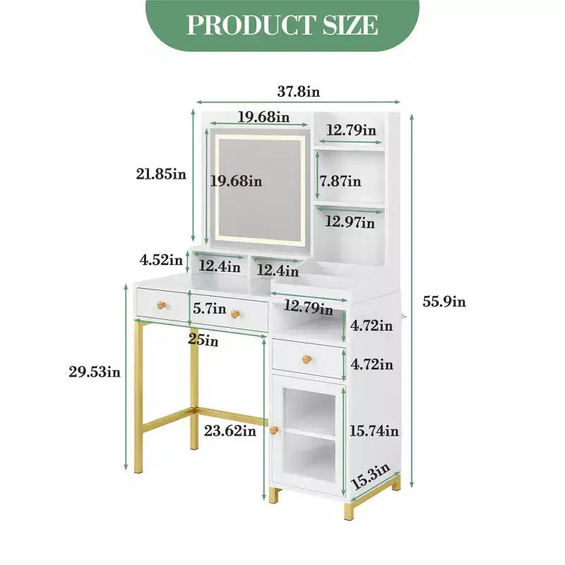 COZONY witte kaptafel met verlichte spiegel en stopcontact, grote make-uptafel met laden en planken