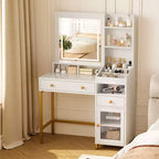 COZONY witte kaptafel met verlichte spiegel en stopcontact, grote make-uptafel met laden en planken