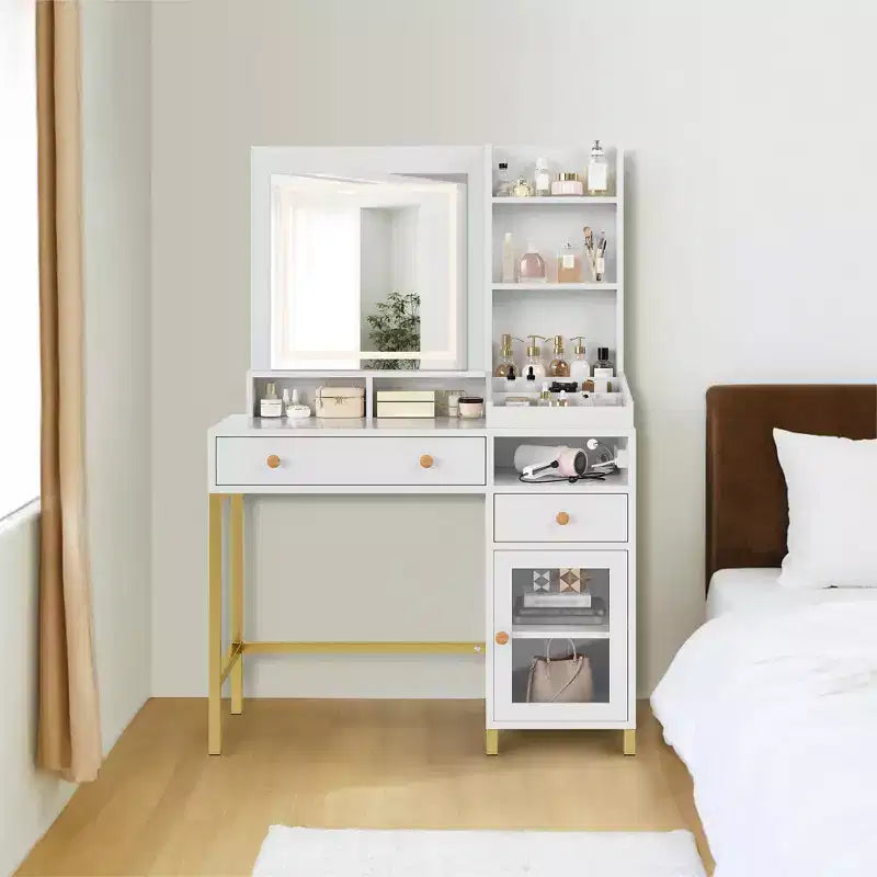 COZONY witte kaptafel met verlichte spiegel en stopcontact, grote make-uptafel met laden en planken
