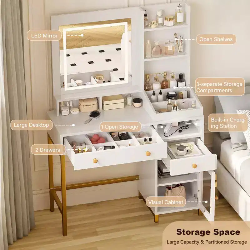 COZONY witte kaptafel met verlichte spiegel en stopcontact, grote make-uptafel met laden en planken