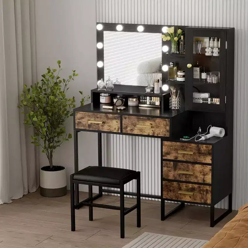 COZONY-Schminktisch mit gepolstertem Hocker, Spiegel und Beleuchtung, Schminktisch-Set mit Schmuckaufbewahrung, 5 Schubladen und Regalböden