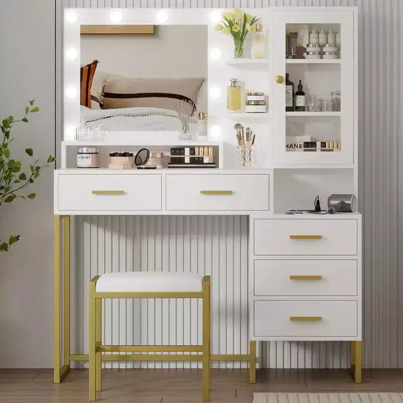 COZONY-Schminktisch mit gepolstertem Hocker, Spiegel und Beleuchtung, Schminktisch-Set mit Schmuckaufbewahrung, 5 Schubladen und Regalböden