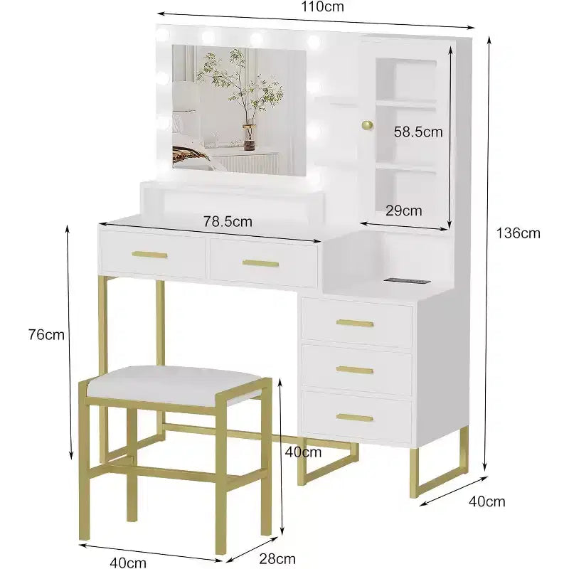 COZONY-Schminktisch mit gepolstertem Hocker, Spiegel und Beleuchtung, Schminktisch-Set mit Schmuckaufbewahrung, 5 Schubladen und Regalböden