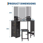 GustoWave köşe makyaj masası ve taburesi, yatak odası veya makyaj stüdyosu için köşe aynalı makyaj masası ve dolabı