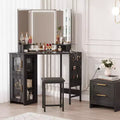 GustoWave Corner Vanity Desk and Stool, Corner Makeup Vanity Mirror and Cabinet for Bedroom,Makeup Studio