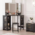 GustoWave Corner Vanity Desk and Stool, Corner Makeup Vanity Mirror and Cabinet for Bedroom,Makeup Studio