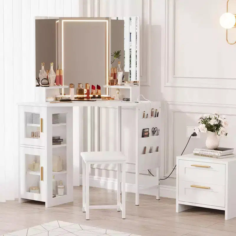 Tocador y taburete esquinero GustoWave, espejo y gabinete de maquillaje esquinero para dormitorio o estudio de maquillaje