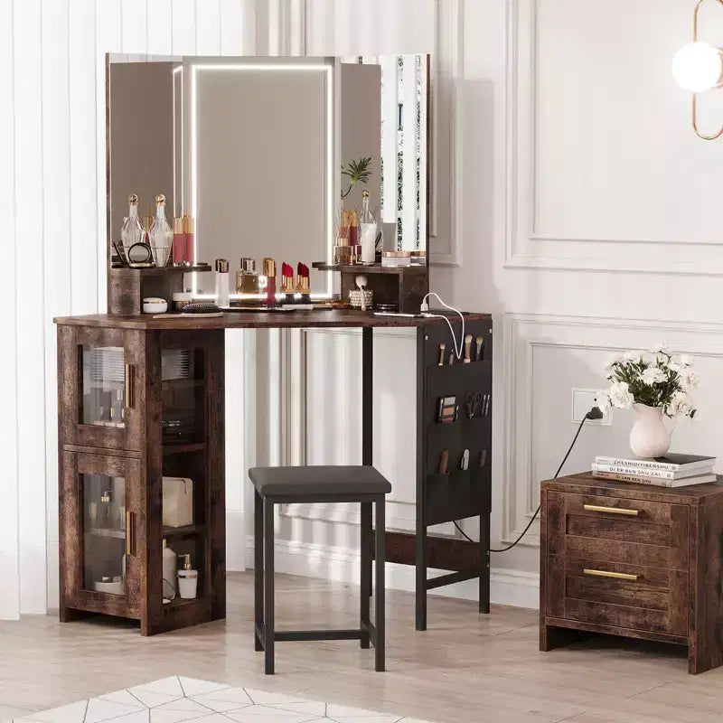 Tocador y taburete esquinero GustoWave, espejo y gabinete de maquillaje esquinero para dormitorio o estudio de maquillaje