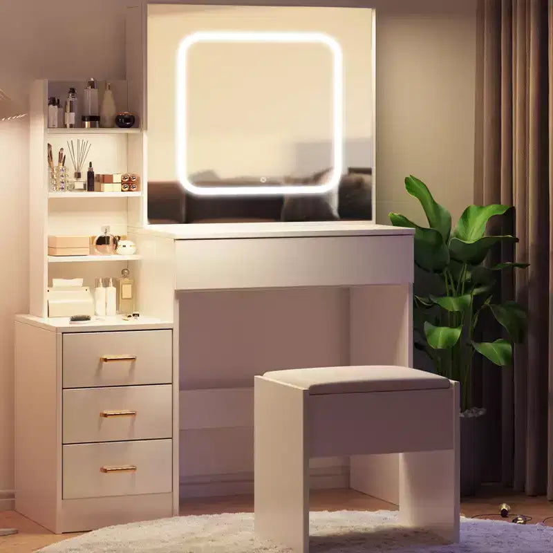 Makeup Vanity Desk With Sliding Mirror, Vanity Desk With Mirror, Dressing Table with 3 Color Adjustable Light and 4 Drawers, Stool, White