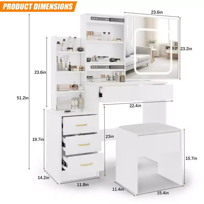 Schminktisch mit Schiebespiegel, Schminktisch mit Spiegel, Frisiertisch mit 3-farbig verstellbarer Beleuchtung, 4 Schubladen und Hocker, Weiß