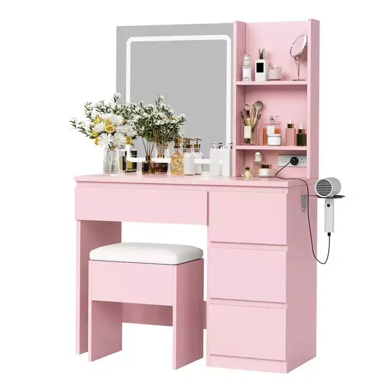 Vanity Desk with Mirror and LED Light, Modern Makeup Dressing Table, with 4 Drawers, Adjustable 3 Lighting Mode, for Bedroom