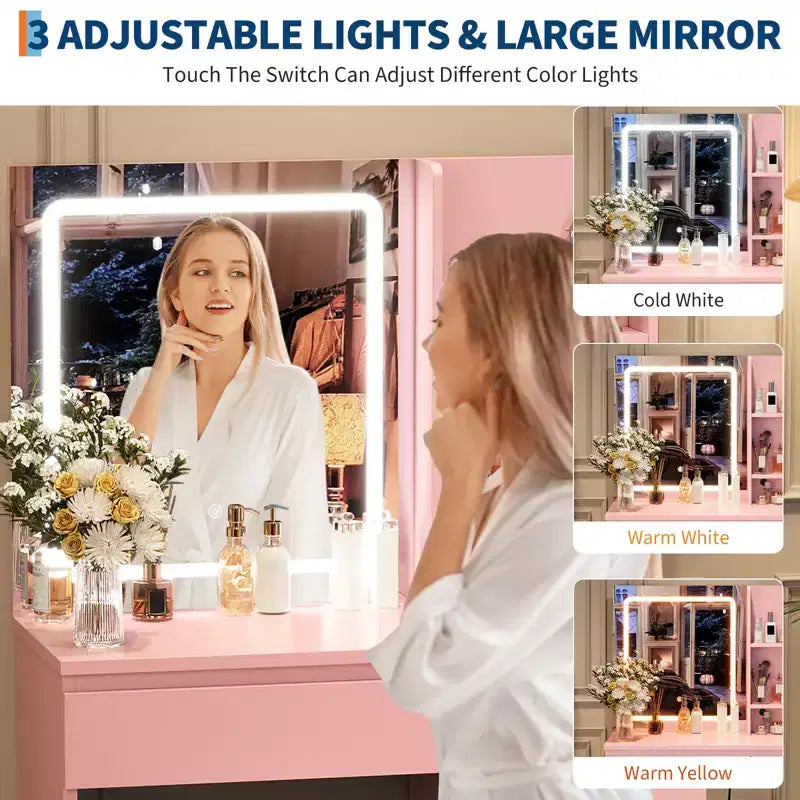 Scrivania da toeletta con specchio e luce LED, tavolo da toeletta moderno per trucco, con 4 cassetti, 3 modalità di illuminazione regolabili, per camera da letto