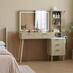 Makeup Vanity Desk with Lights, Fluted Wooden Dressing Table, Makeup Vanity Table Modern Glass Top, 5 Drawers and 3 Storage, for Bedroom