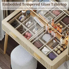 Escritorio de tocador para maquillaje con luces, mesa de tocador de madera estriada, mesa de tocador moderna con superficie de vidrio, 5 cajones y 3 compartimentos de almacenamiento, para dormitorio