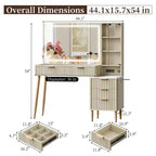 Escritorio de tocador para maquillaje con luces, mesa de tocador de madera estriada, mesa de tocador moderna con superficie de vidrio, 5 cajones y 3 compartimentos de almacenamiento, para dormitorio