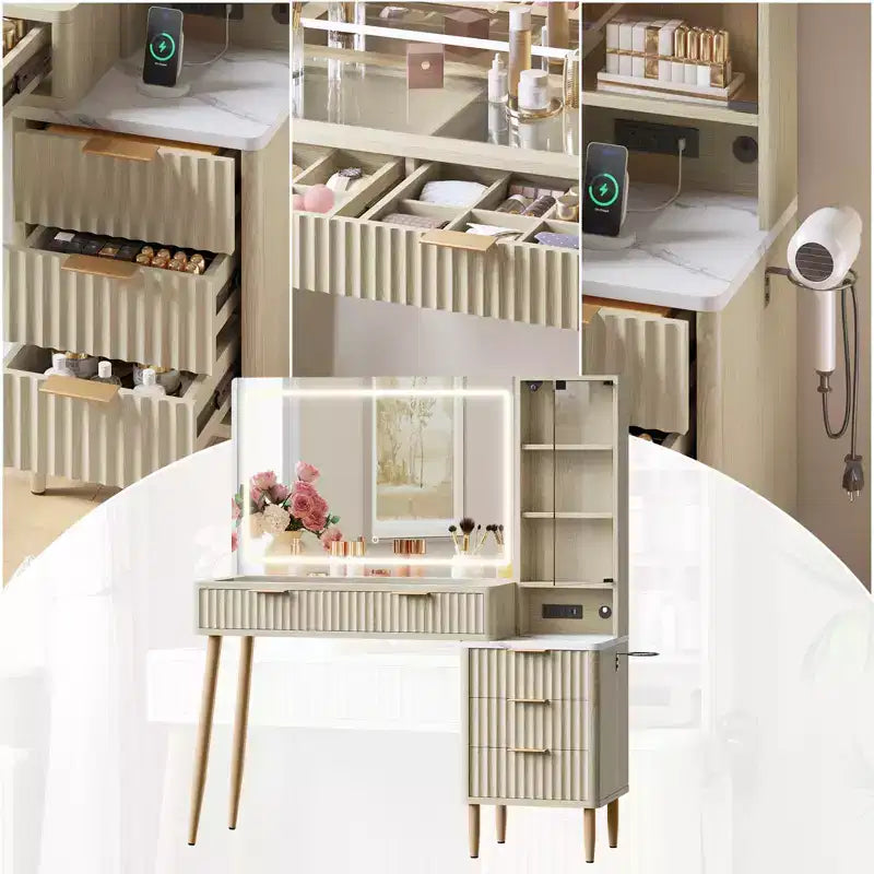 Escritorio de tocador para maquillaje con luces, mesa de tocador de madera estriada, mesa de tocador moderna con superficie de vidrio, 5 cajones y 3 compartimentos de almacenamiento, para dormitorio