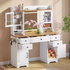 Vanity Desk with LED Lighted Mirror, 47.24 Makeup Vanity Table with 5 Drawers, 3 Storage Shelves, 2 Glass Cabinets, Farmhouse Dressing Table