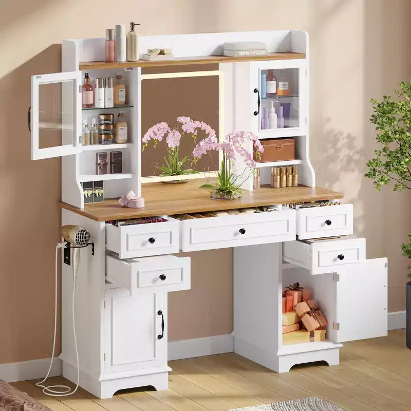 Vanity Desk with LED Lighted Mirror, 47.24 Makeup Vanity Table with 5 Drawers, 3 Storage Shelves, 2 Glass Cabinets, Farmhouse Dressing Table