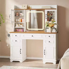 Vanity Desk with LED Lighted Mirror, 47.24 Makeup Vanity Table with 5 Drawers, 3 Storage Shelves, 2 Glass Cabinets, Farmhouse Dressing Table