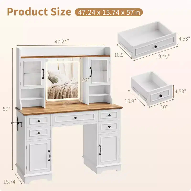 Vanity Desk with LED Lighted Mirror, 47.24 Makeup Vanity Table with 5 Drawers, 3 Storage Shelves, 2 Glass Cabinets, Farmhouse Dressing Table