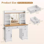 Vanity Desk with LED Lighted Mirror, 47.24 Makeup Vanity Table with 5 Drawers, 3 Storage Shelves, 2 Glass Cabinets, Farmhouse Dressing Table