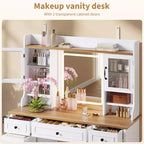 Vanity Desk with LED Lighted Mirror, 47.24 Makeup Vanity Table with 5 Drawers, 3 Storage Shelves, 2 Glass Cabinets, Farmhouse Dressing Table