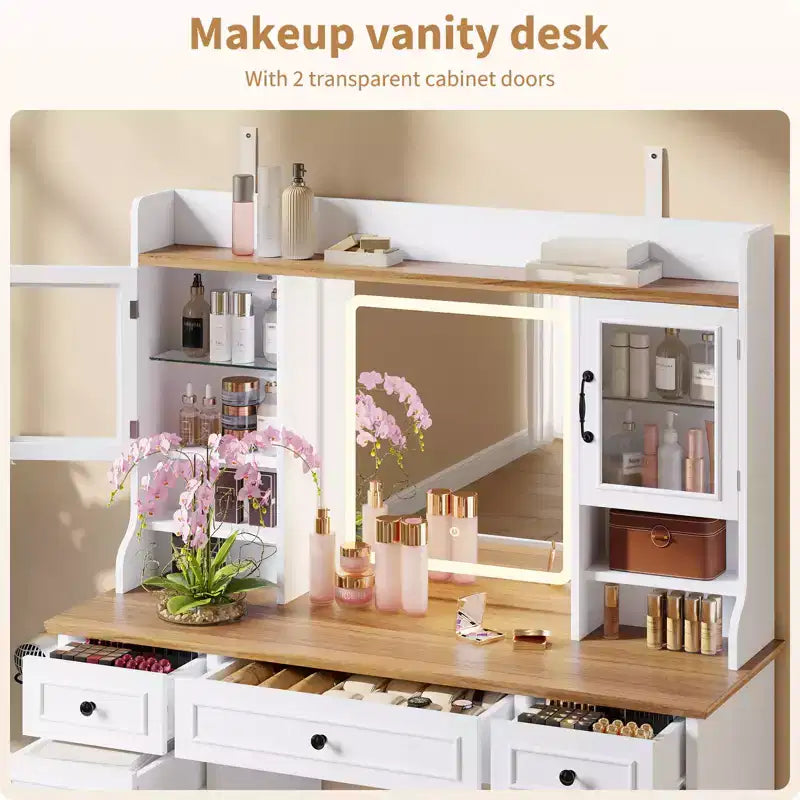 Vanity Desk with LED Lighted Mirror, 47.24 Makeup Vanity Table with 5 Drawers, 3 Storage Shelves, 2 Glass Cabinets, Farmhouse Dressing Table