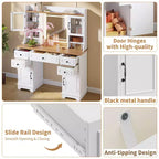 Vanity Desk with LED Lighted Mirror, 47.24 Makeup Vanity Table with 5 Drawers, 3 Storage Shelves, 2 Glass Cabinets, Farmhouse Dressing Table