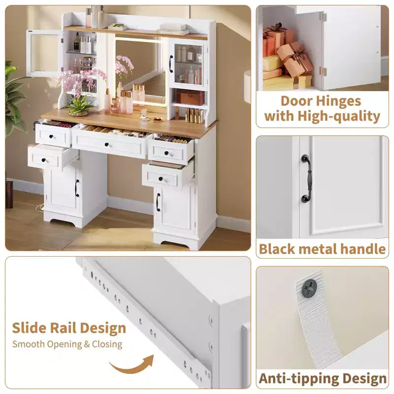 Vanity Desk with LED Lighted Mirror, 47.24 Makeup Vanity Table with 5 Drawers, 3 Storage Shelves, 2 Glass Cabinets, Farmhouse Dressing Table