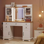 Vanity Desk with LED Lighted Mirror, 47.24 Makeup Vanity Table with 5 Drawers, 3 Storage Shelves, 2 Glass Cabinets, Farmhouse Dressing Table