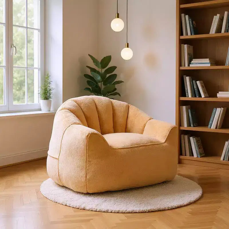 Poltrona d'Appoggio in Peluche con Base Completamente Imbottita, Tessuto Morbido e Peloso, Beige Champagne