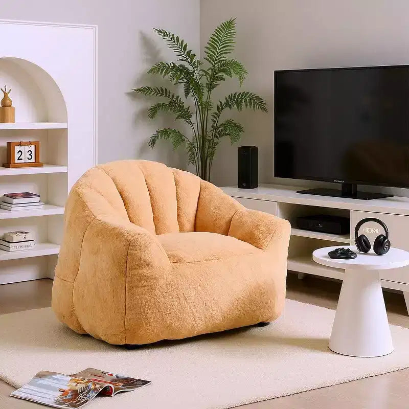 Poltrona d'Appoggio in Peluche con Base Completamente Imbottita, Tessuto Morbido e Peloso, Beige Champagne