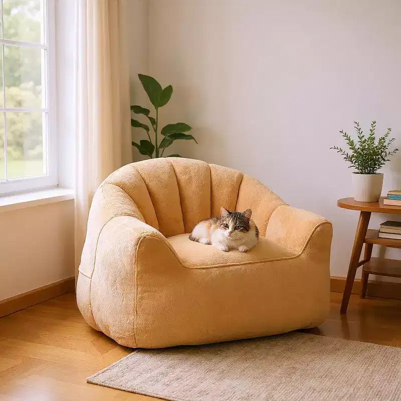 Poltrona d'Appoggio in Peluche con Base Completamente Imbottita, Tessuto Morbido e Peloso, Beige Champagne