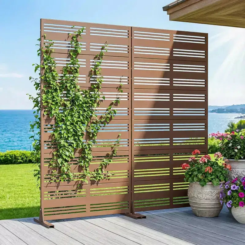 Divisorio a 6 Pannelli con Lamelle, 72"x35"x16", Schermo per la Privacy a Doppia Faccia in Acciaio Galvanizzato, Marrone