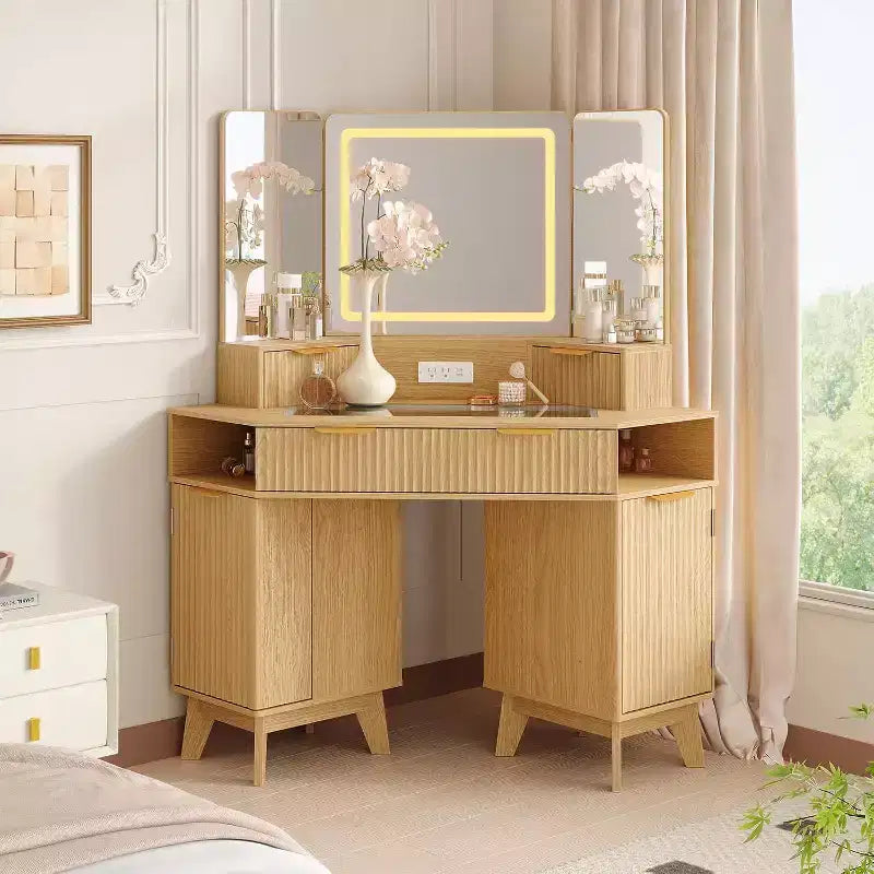 48 Corner Vanity Desk, Fluted Makeup Vanity Desk with Glass Top, for Bedroom