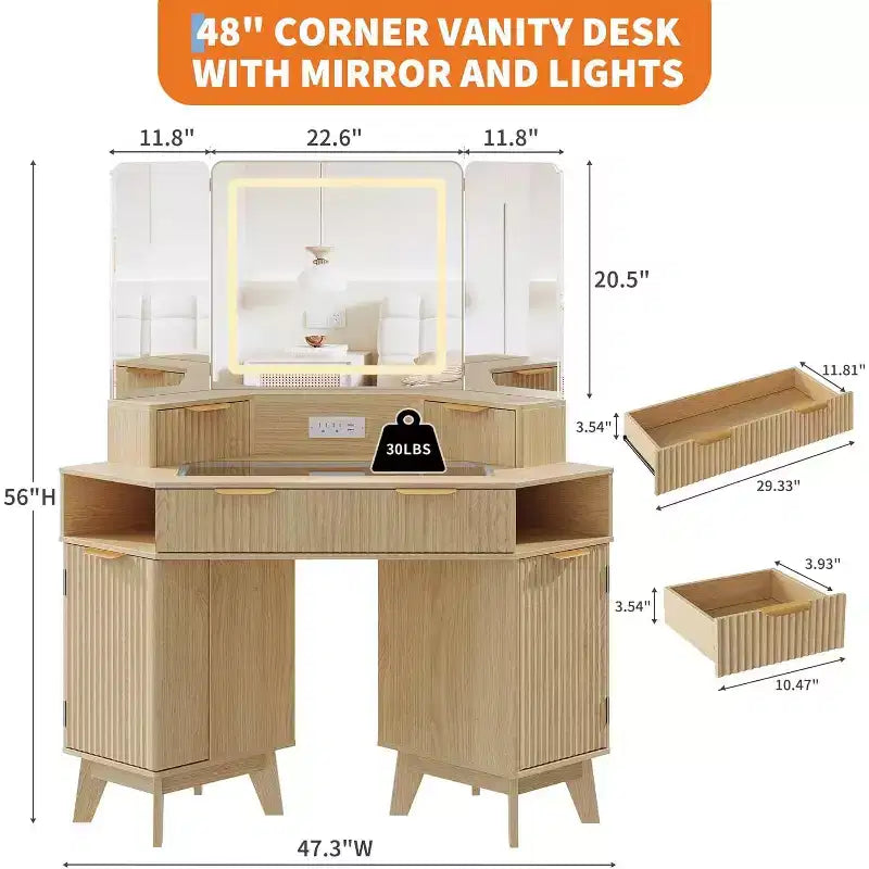 48 Corner Vanity Desk, Fluted Makeup Vanity Desk with Glass Top, for Bedroom