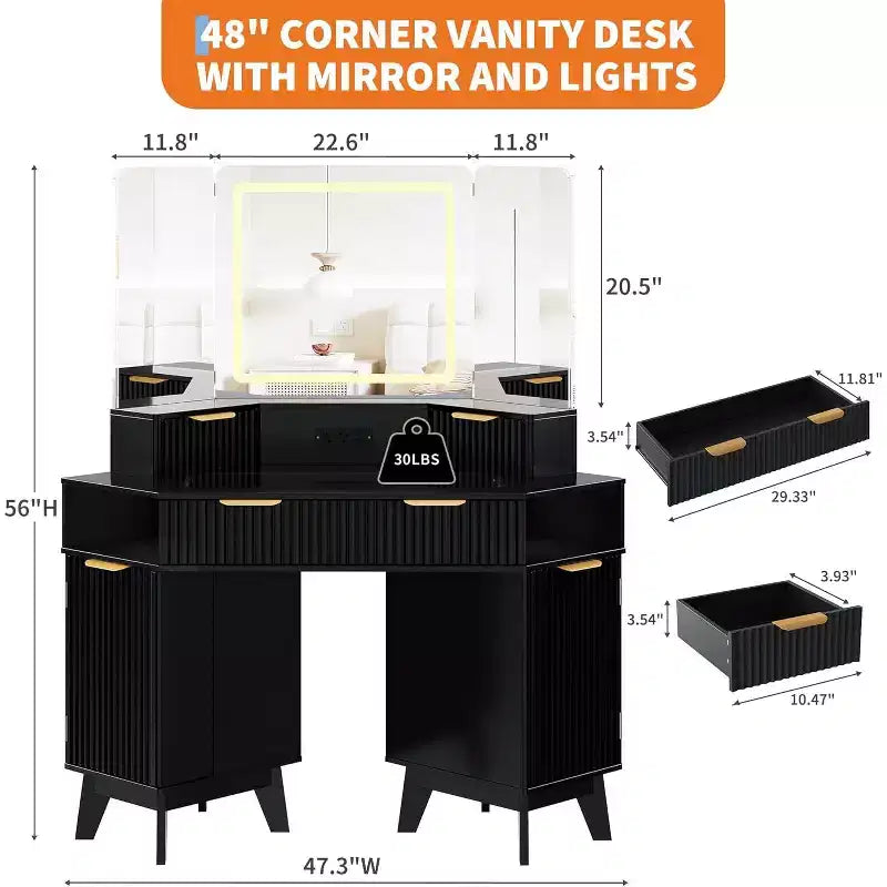 48 Corner Vanity Desk, Fluted Makeup Vanity Desk with Glass Top, for Bedroom