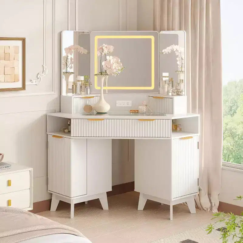 48 Corner Vanity Desk, Fluted Makeup Vanity Desk with Glass Top, for Bedroom