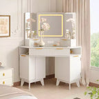 48 Corner Vanity Desk, Fluted Makeup Vanity Desk with Glass Top, for Bedroom
