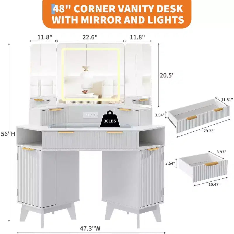 48 Corner Vanity Desk, Fluted Makeup Vanity Desk with Glass Top, for Bedroom