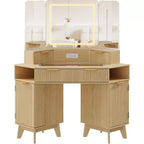 48 Corner Vanity Desk, Fluted Makeup Vanity Desk with Glass Top, for Bedroom