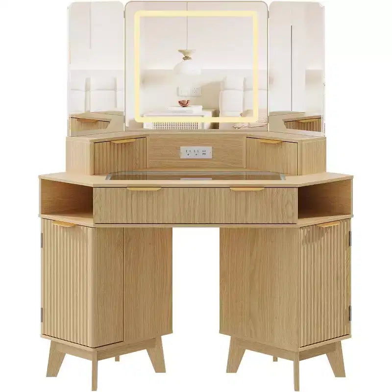 48 Corner Vanity Desk, Fluted Makeup Vanity Desk with Glass Top, for Bedroom