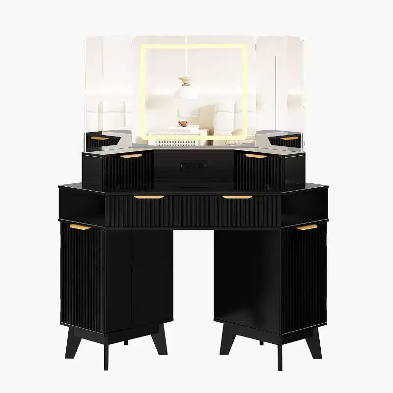 48 Corner Vanity Desk, Fluted Makeup Vanity Desk with Glass Top, for Bedroom