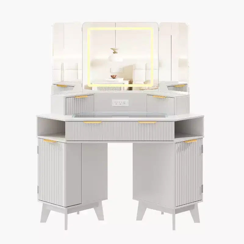 48 Corner Vanity Desk, Fluted Makeup Vanity Desk with Glass Top, for Bedroom
