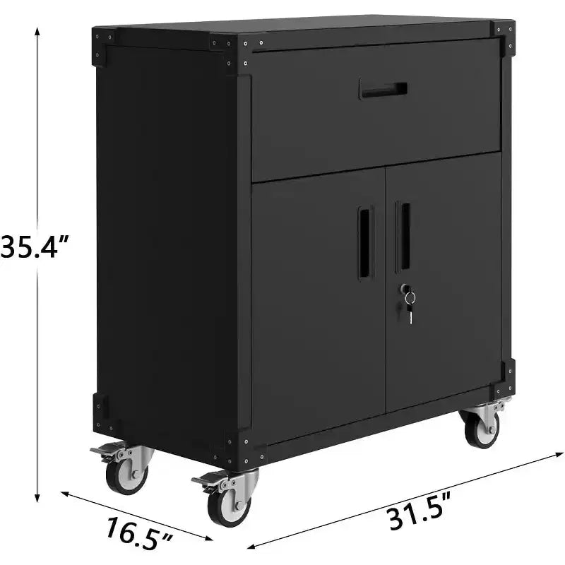 Armadietti portaoggetti da garage a rotelle per impieghi gravosi con ruote, armadietto portautensili in metallo con cassetto, ripiano regolabile e serrature per officina e magazzino, nero
