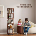 Libreria Girevole a 360° con Ruote, Scaffale Stretto a 5 Livelli in Legno Massello, Vetrina, Noce