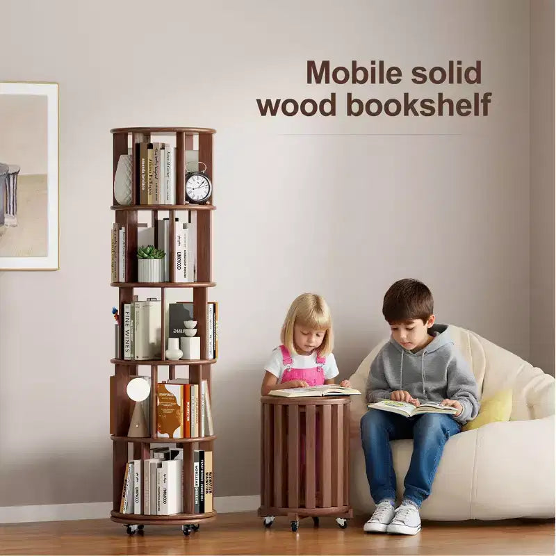 Libreria Girevole a 360° con Ruote, Scaffale Stretto a 5 Livelli in Legno Massello, Vetrina, Noce