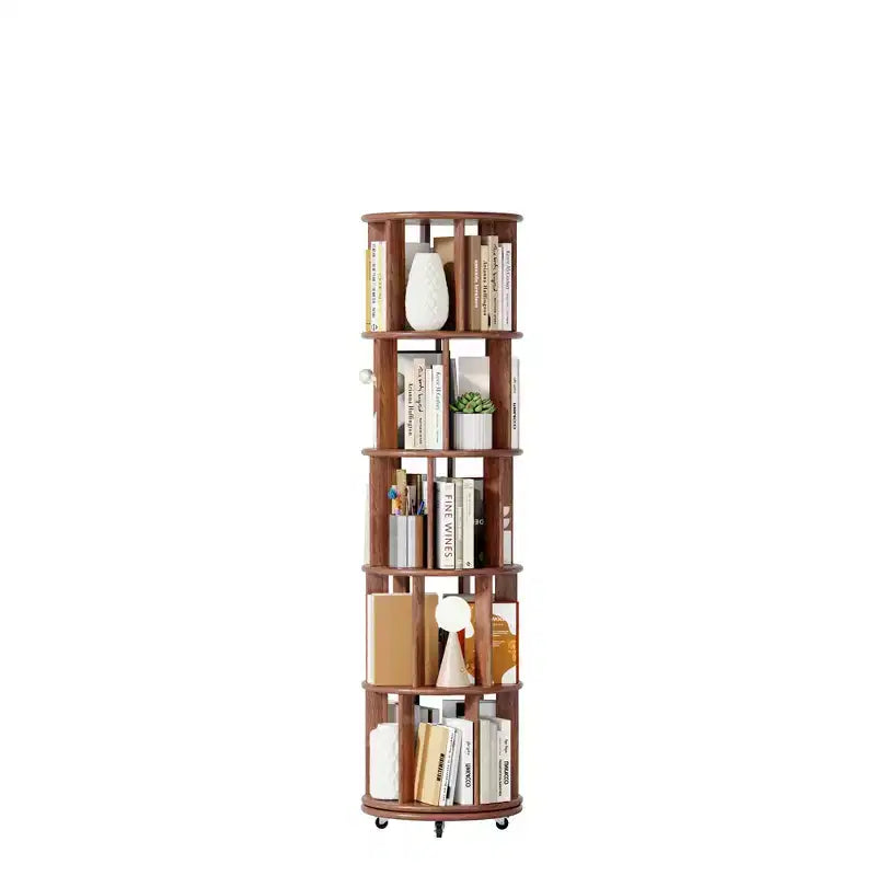 Libreria Girevole a 360° con Ruote, Scaffale Stretto a 5 Livelli in Legno Massello, Vetrina, Noce