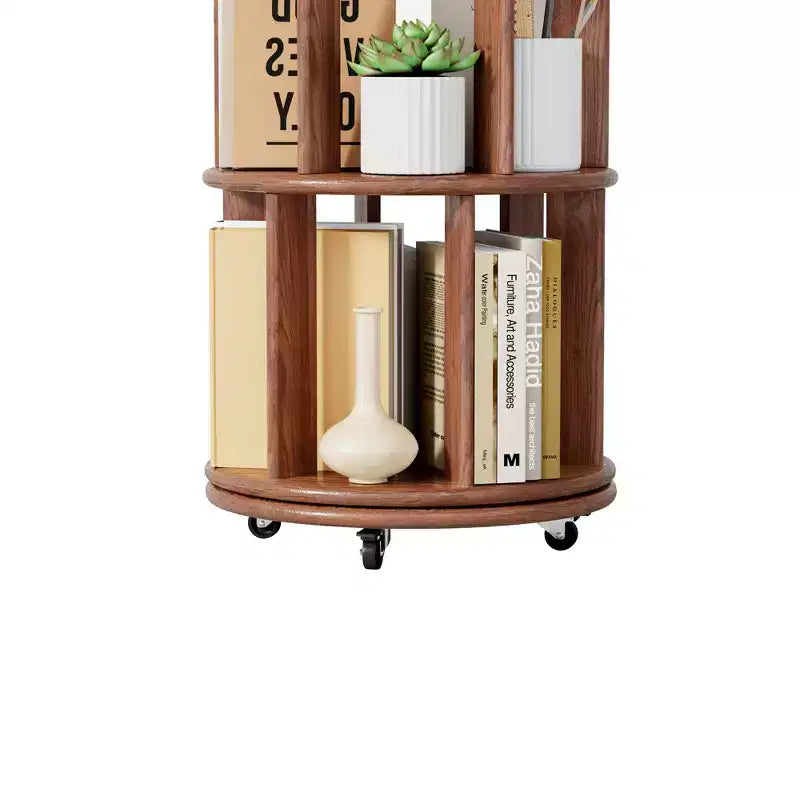 Libreria Girevole a 360° con Ruote, Scaffale Stretto a 5 Livelli in Legno Massello, Vetrina, Noce